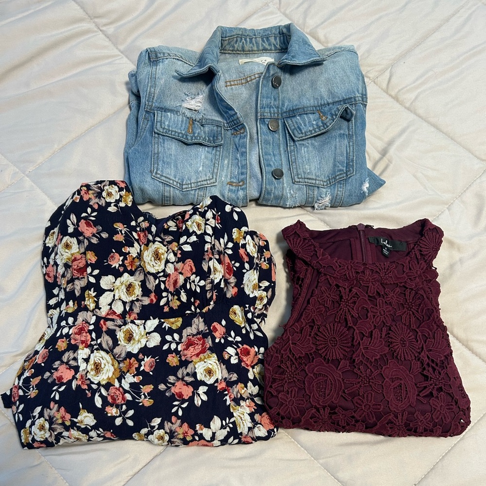 Lulu's Navy Floral Maxi Dress & Wine Lace Top Set with Light Blue Denim Jacket